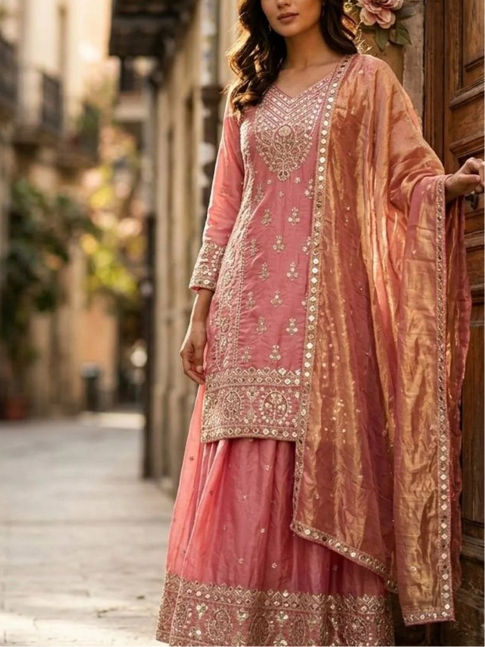 Hot Pink Pure Embroidered Fendy Silk Indian Sharara Suit Sequence Work Dupatta