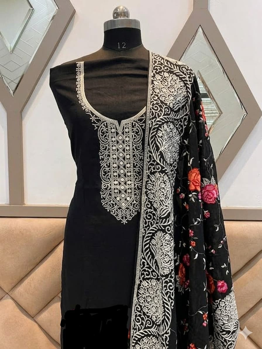 Black Organza Sammar Silk Unstitched Salwar Suit with Embroidered Neck & Floral Dupatta (Copy)
