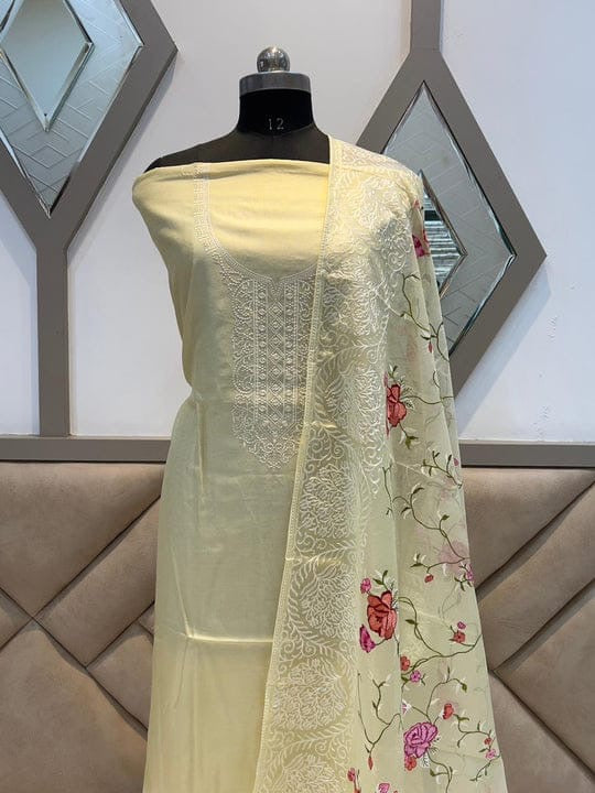 Pastel Yellow Organza Sammar Silk Unstitched Salwar Suit with Embroidered Neck & Floral Dupatta (Copy) (Copy)