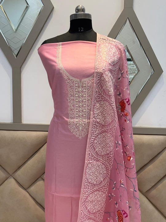 Baby Pink Organza Sammar Silk Unstitched Salwar Suit with Embroidered Neck & Floral Dupatta