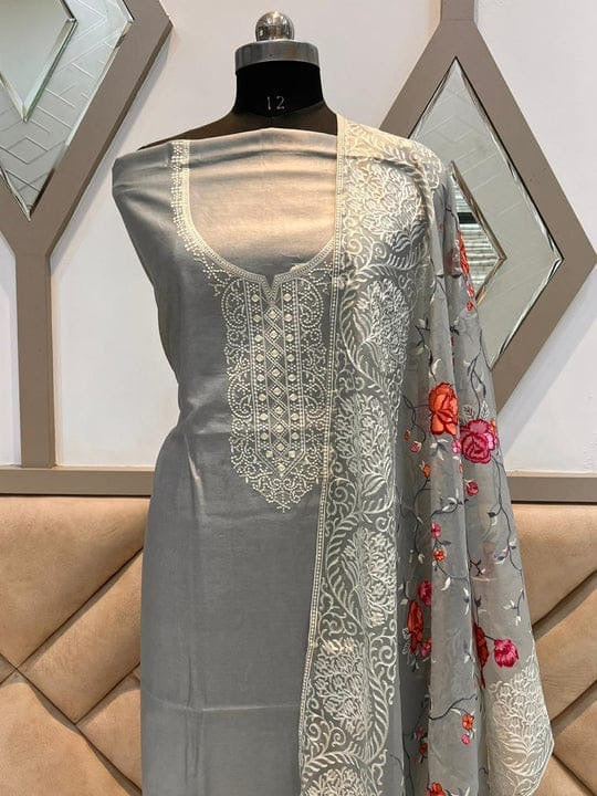 Grey Organza Sammar Silk Unstitched Salwar Suit with Embroidered Neck & Floral Dupatta (Copy) (Copy) (Copy)