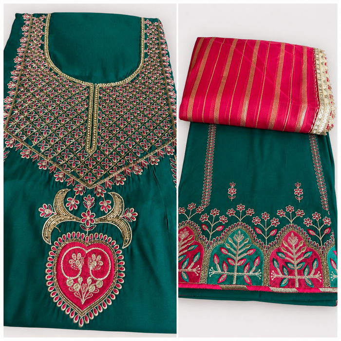 Green silk blend punjabi unstitched suit with pink dupatta