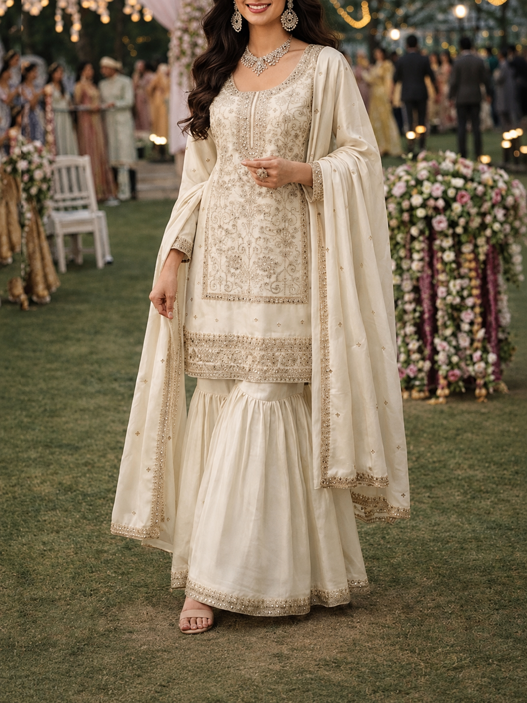 Silk Readymade Cream Sharara Suit