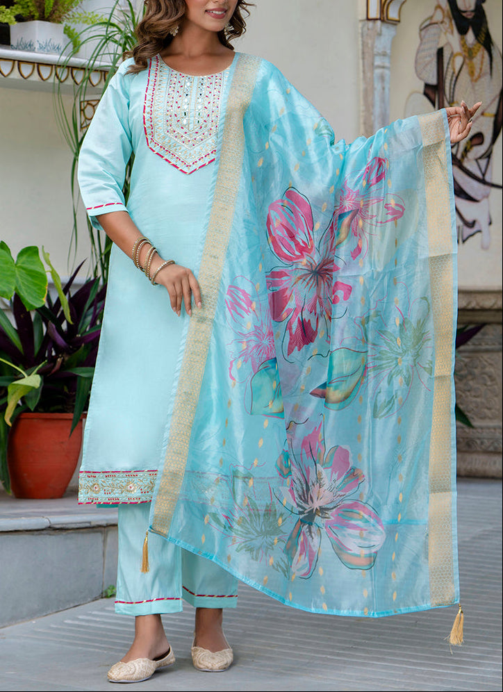 Silk Blend Sky Blue Party Wear Embroidery Work Readymade Salwar Suit (Small or Medium)