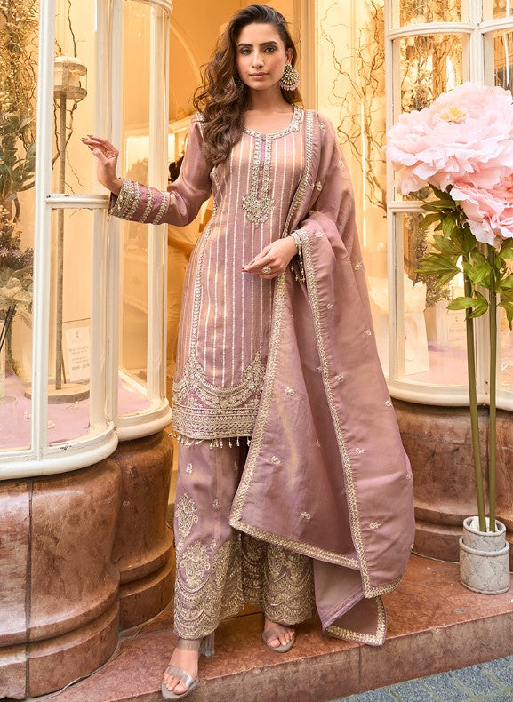 Jacquard Silk Party Wear Readymade Pastel Pink Sharara Set - Large