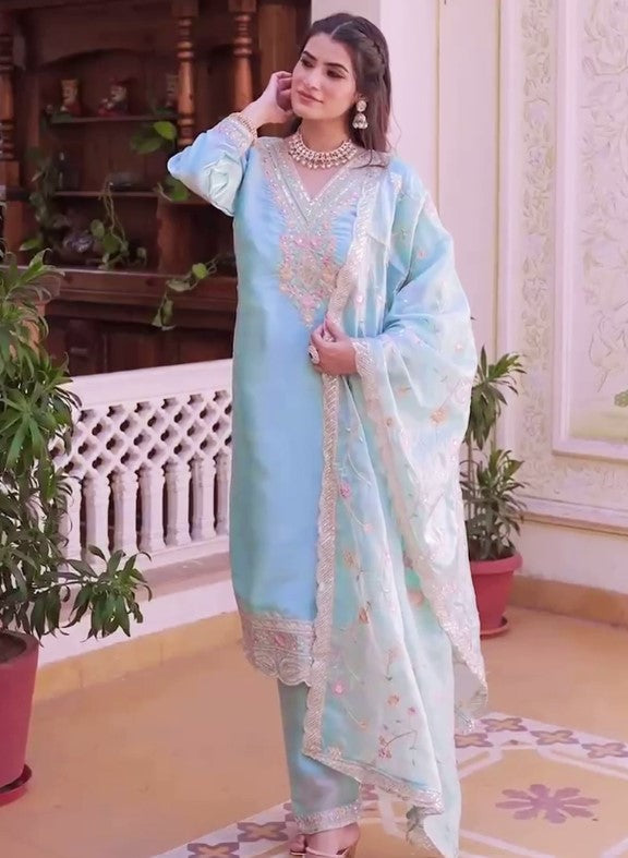 Pastel Blue Silk Festival Wear Readymade Salwar Suit (Medium or Large)