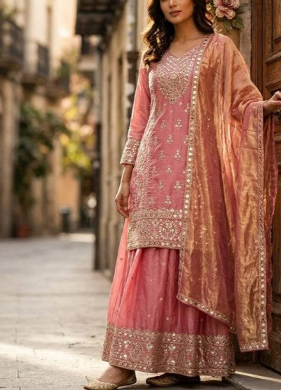 Hot Pink Pure Embroidered Fendy Silk Indian Sharara Suit Sequence Work Dupatta