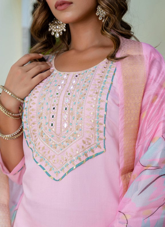 Baby Pink Silk Blend Party Wear Readymade Salwar Suit
