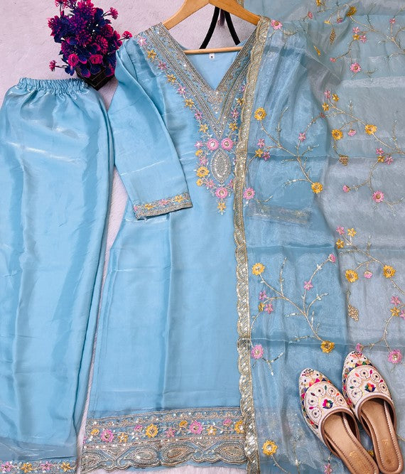Pastel Blue Silk Festival Wear Readymade Salwar Suit (Medium or Large)
