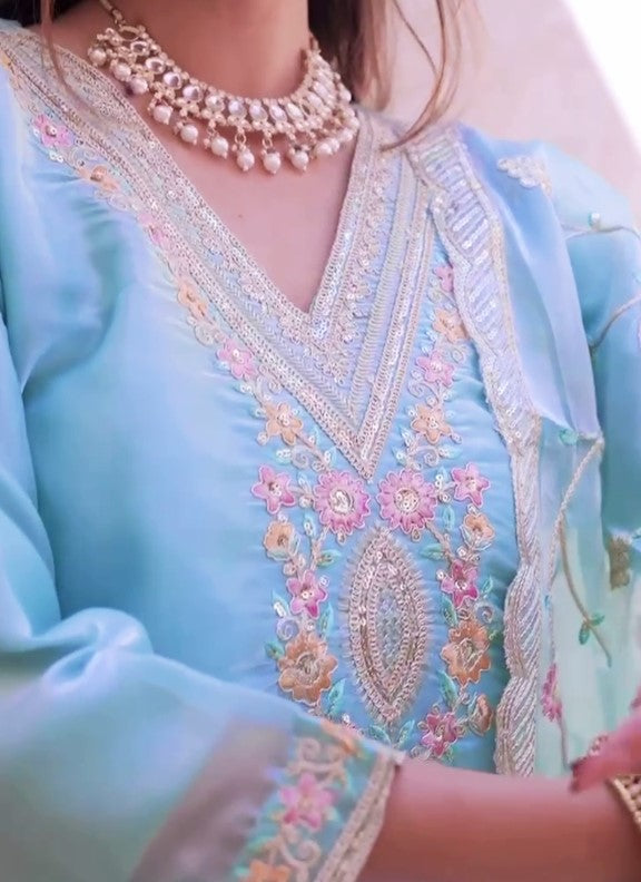 Pastel Blue Silk Festival Wear Readymade Salwar Suit (Medium or Large)