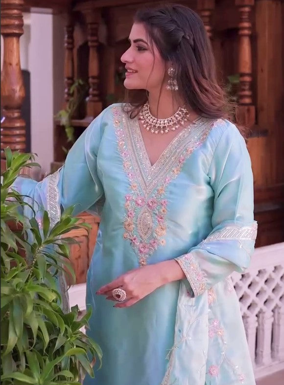 Pastel Blue Silk Festival Wear Readymade Salwar Suit (Medium or Large)