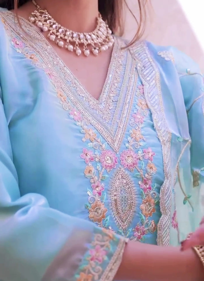 Pastel Blue Silk Festival Wear Readymade Salwar Suit (Medium or Large)