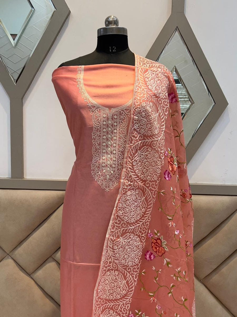 Peach Organza Sammar Silk Unstitched Salwar Suit with Embroidered Neck & Floral Dupatta